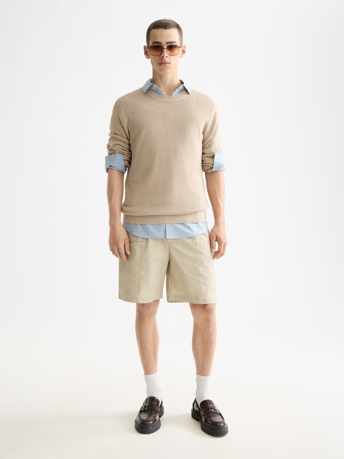 SCOTCH & SODA navy crewneck pullover knitwear with ribbed cuffs and crew neckline, displayed flat.