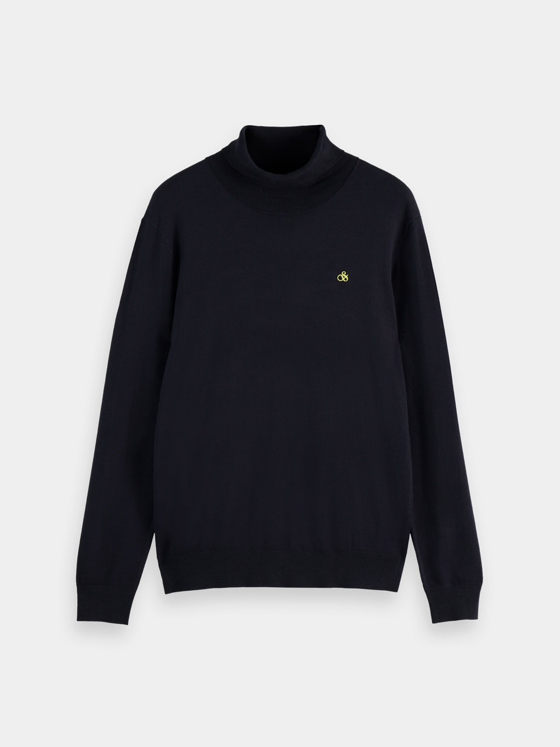 Navy knit turtleneck sweater by Scotch & Soda, featuring a cozy, fitted design and ribbed collar, perfect for fall and winter wear.