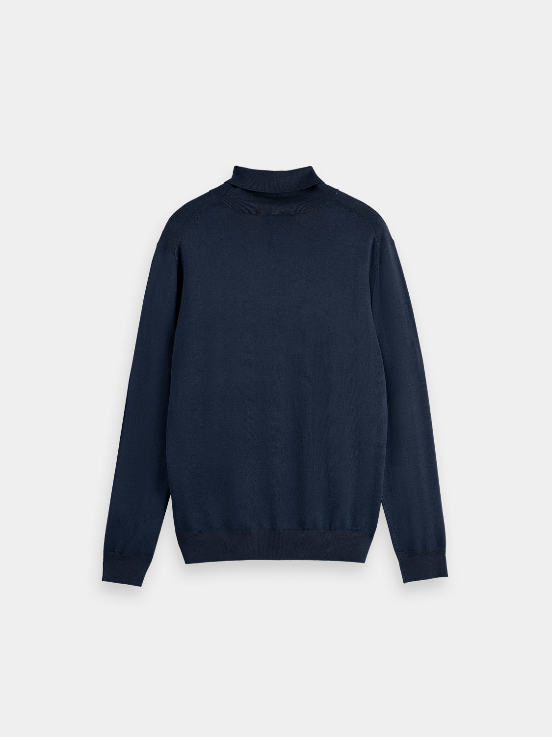 Black knit turtleneck sweater by Scotch & Soda, featuring a close-up of the ribbed collar and textured knit fabric.