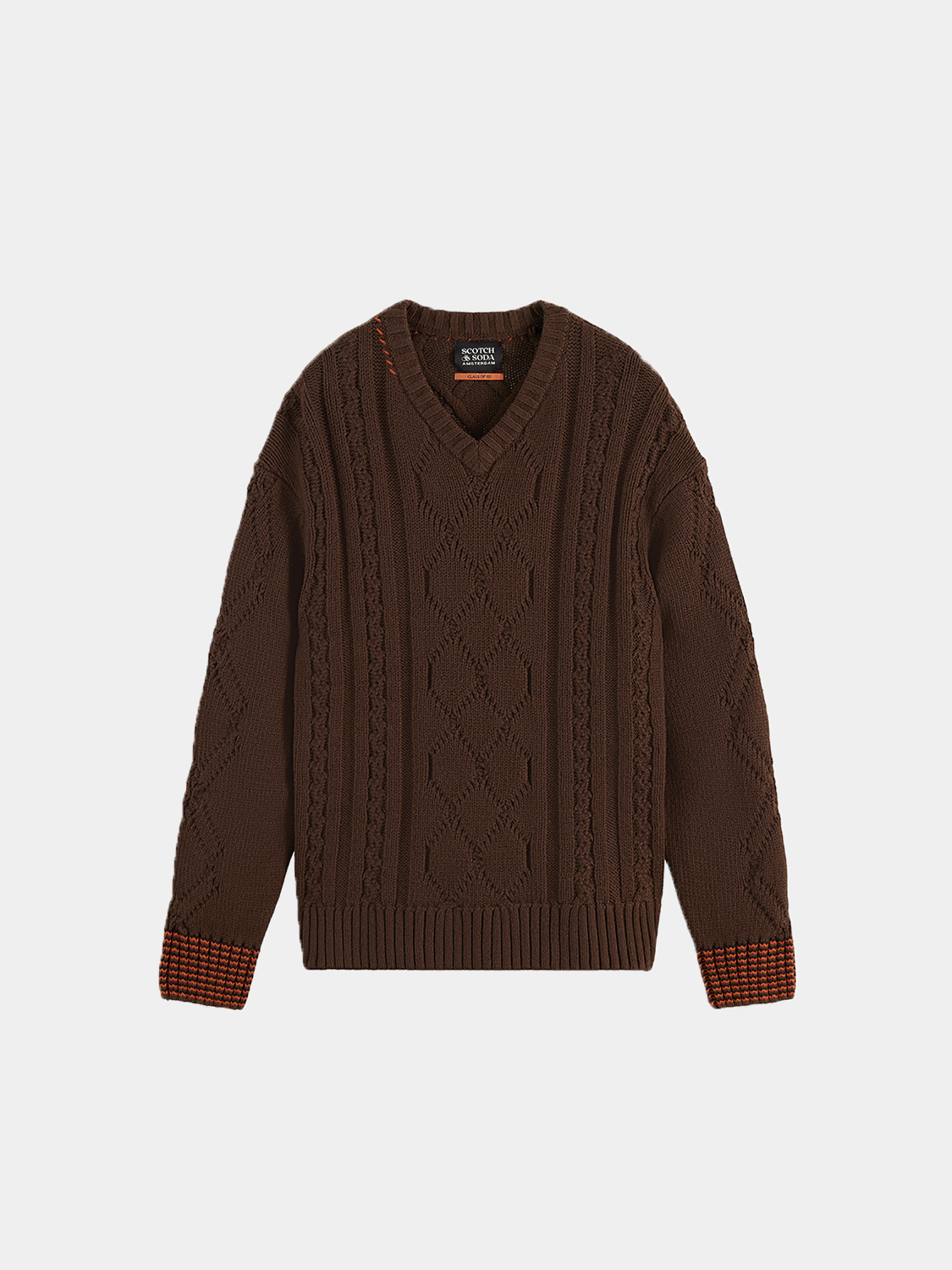 Scotch & Soda V-neck knitwear pullover featuring a soft fabric and classic fit, shown on a plain background.