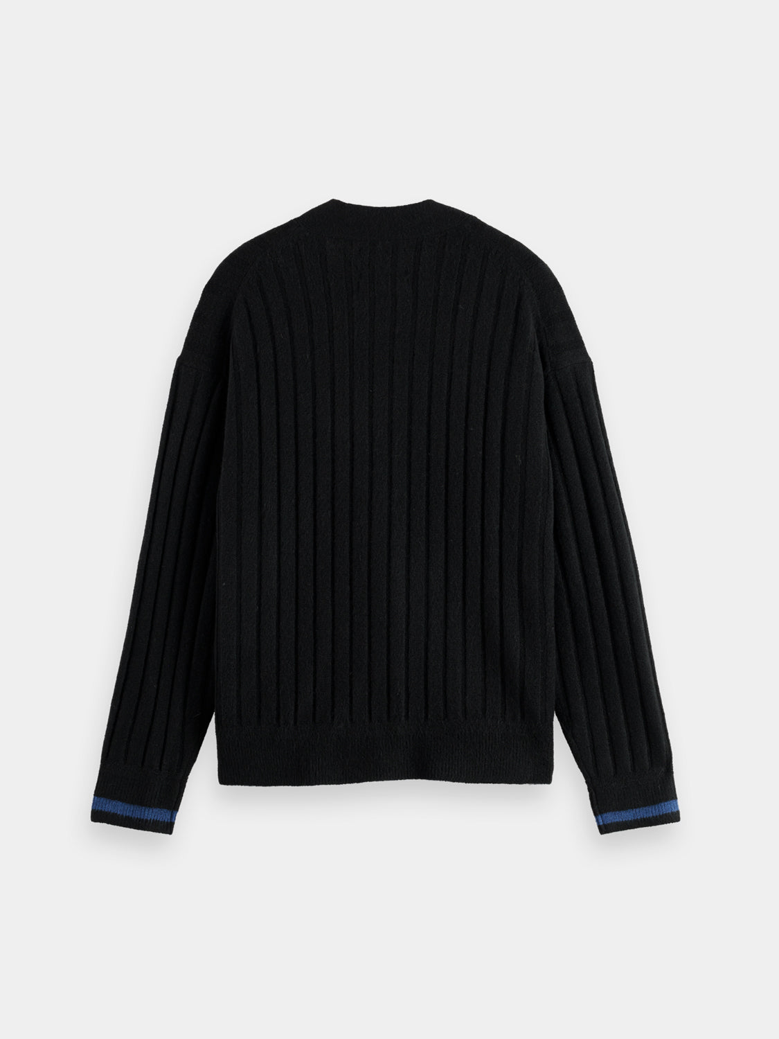 Dark blue Scotch & Soda knitted cardigan with a button-up front, featuring a cozy, textured knitwear design.
