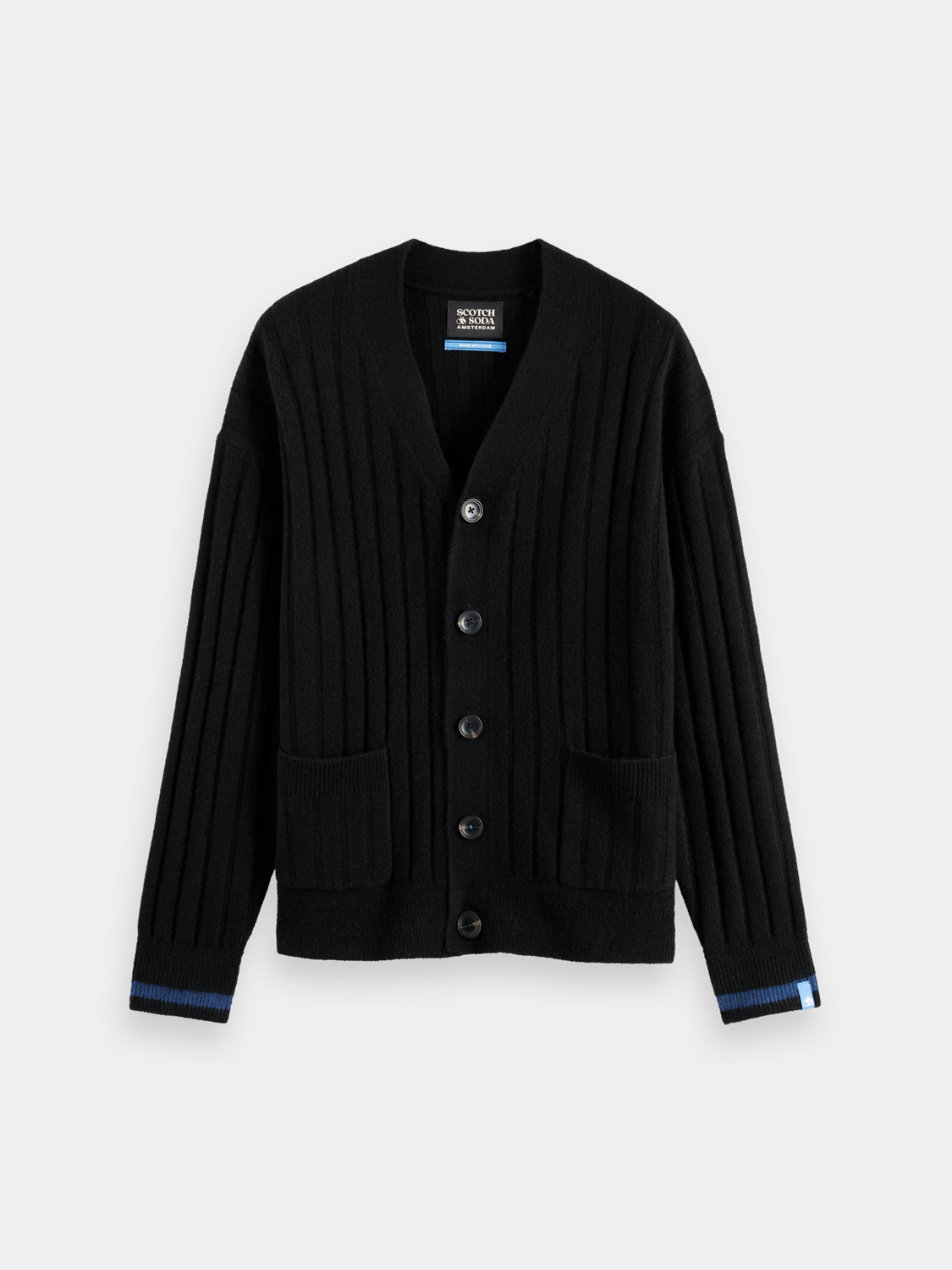 Scotch & Soda knitted cardigan, cozy knitwear with a button-up front and ribbed cuffs, in soft neutral tones.
