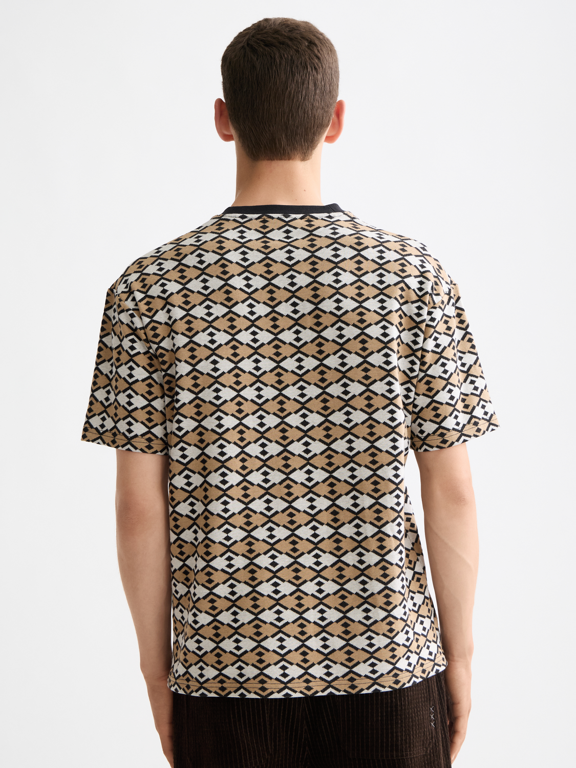 SCOTCH & SODA women's short sleeve jacquard t-shirt with intricate woven pattern, displayed from the back.