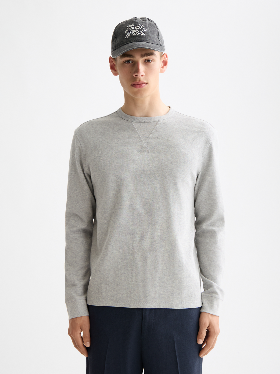 Scotch & Soda waffle long-sleeved T-shirt in cream with textured fabric and classic fit, displayed on a plain background.
