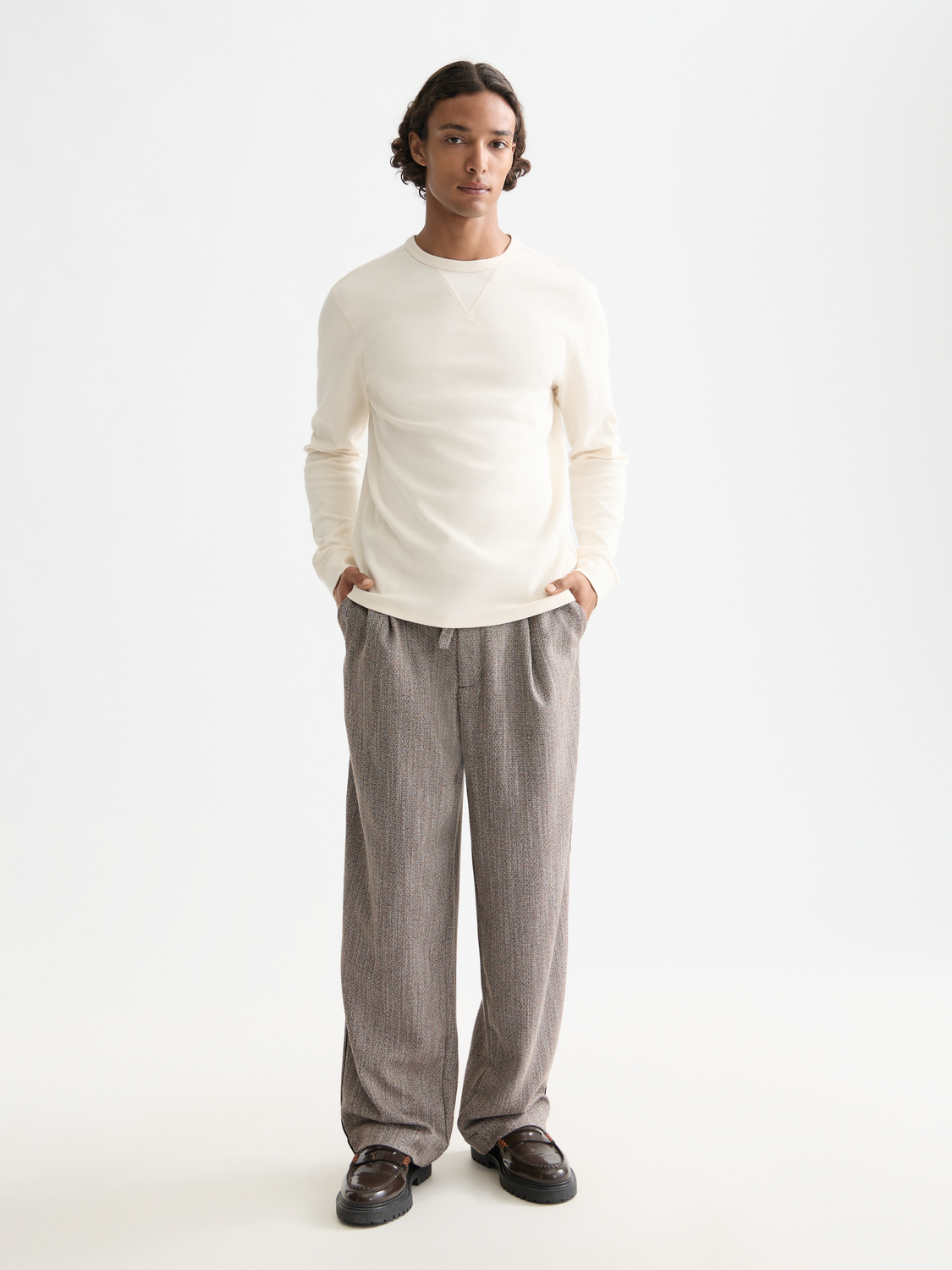 Blue waffle long-sleeved T-shirt by Scotch & Soda with a relaxed fit and subtle waffle texture, front view.