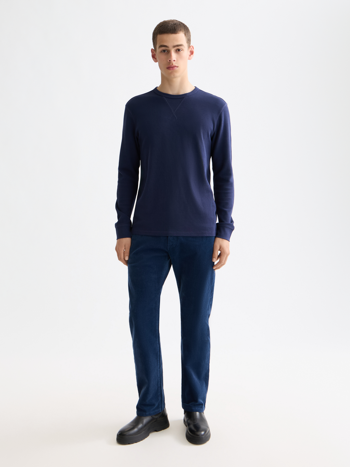 Blue waffle long-sleeved T-shirt by Scotch & Soda with a relaxed fit and subtle waffle texture, front view.