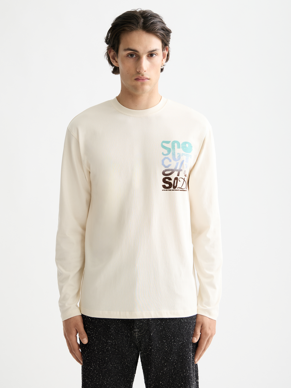 Long-sleeved Scotch & Soda artwork T-shirt with vibrant graphic print, casual fit, and comfortable fabric.