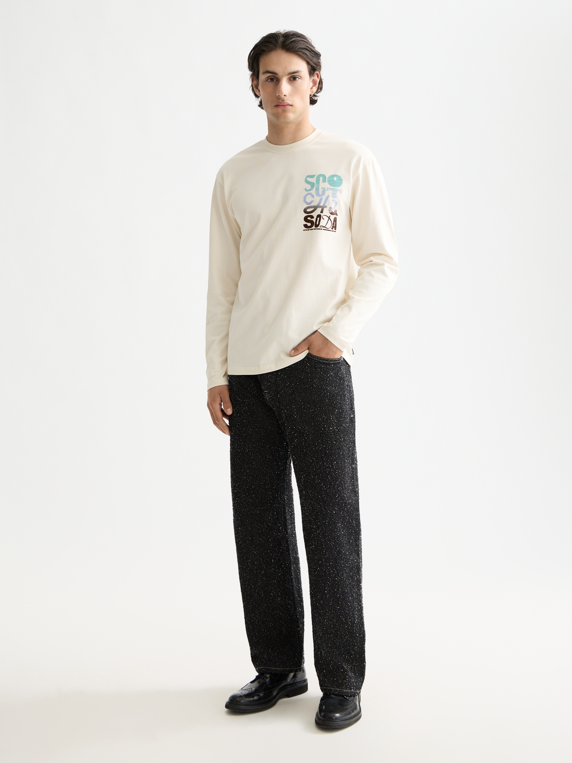 Long-sleeved Scotch & Soda artwork t-shirt with printed design, featuring a stylish casual fit and vibrant graphic on the front.