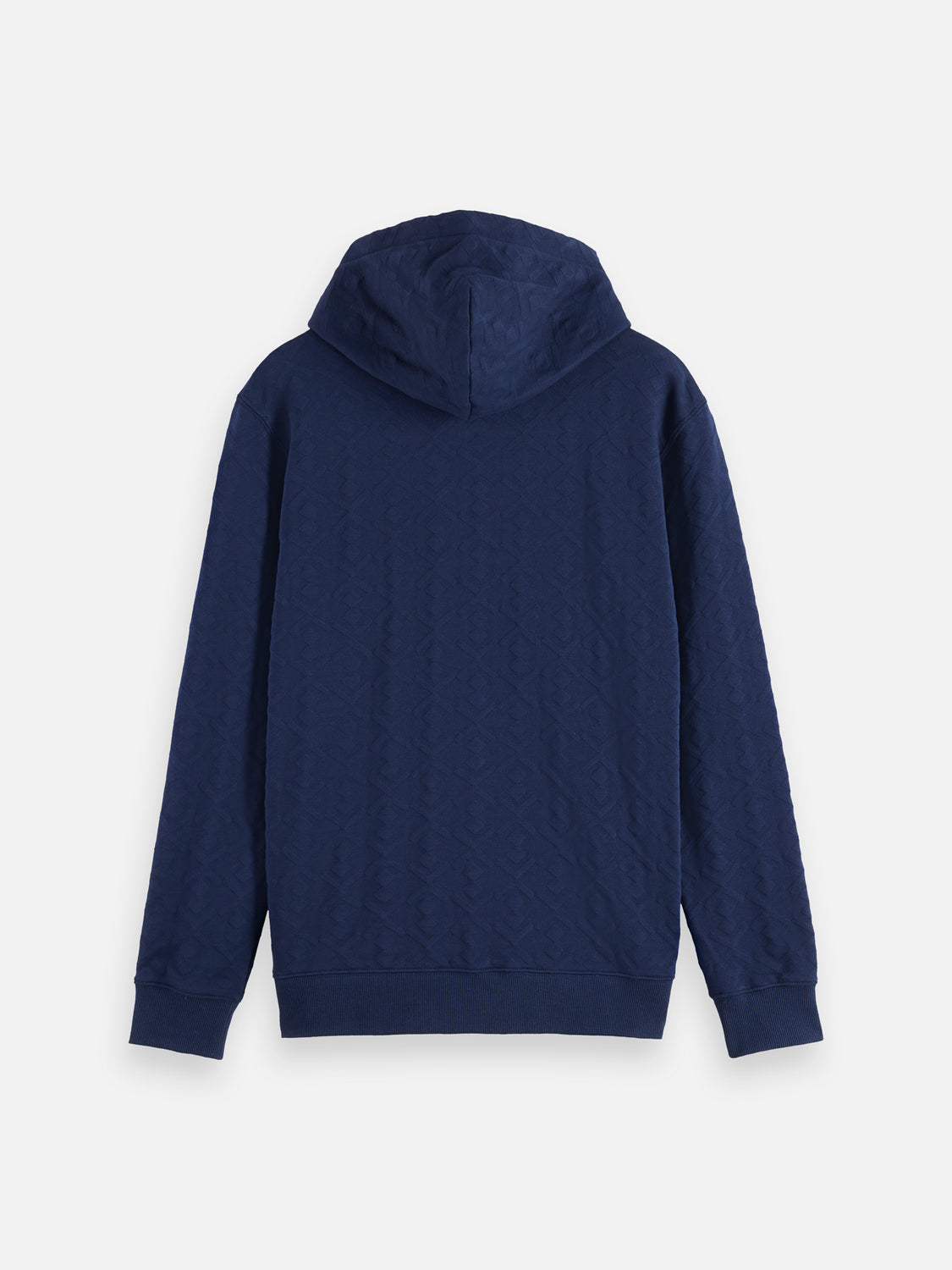 Black Scotch & Soda jacquard terry hoodie with a relaxed fit, showcasing detailed knit pattern and comfortable sweatshirt style.