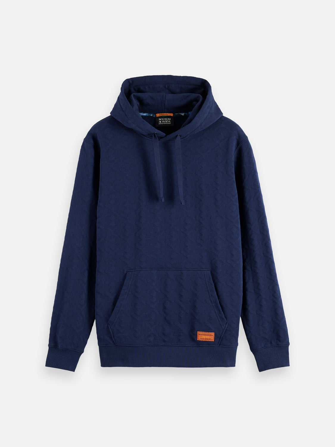 Scotch & Soda jacquard terry hoodie, cozy sweats with intricate woven pattern, front view showing hood and long sleeves.