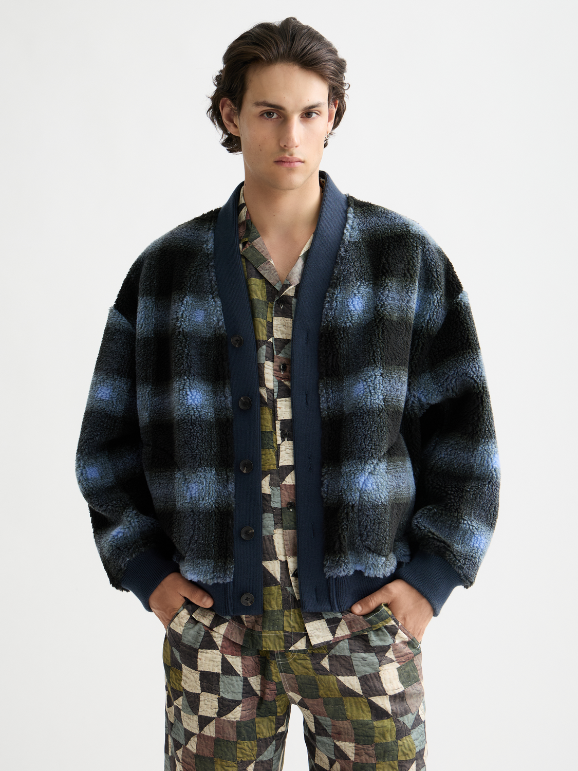 Scotch & Soda fleece cardigan, cozy sweats in soft fabric, front view showing button closure and relaxed fit.