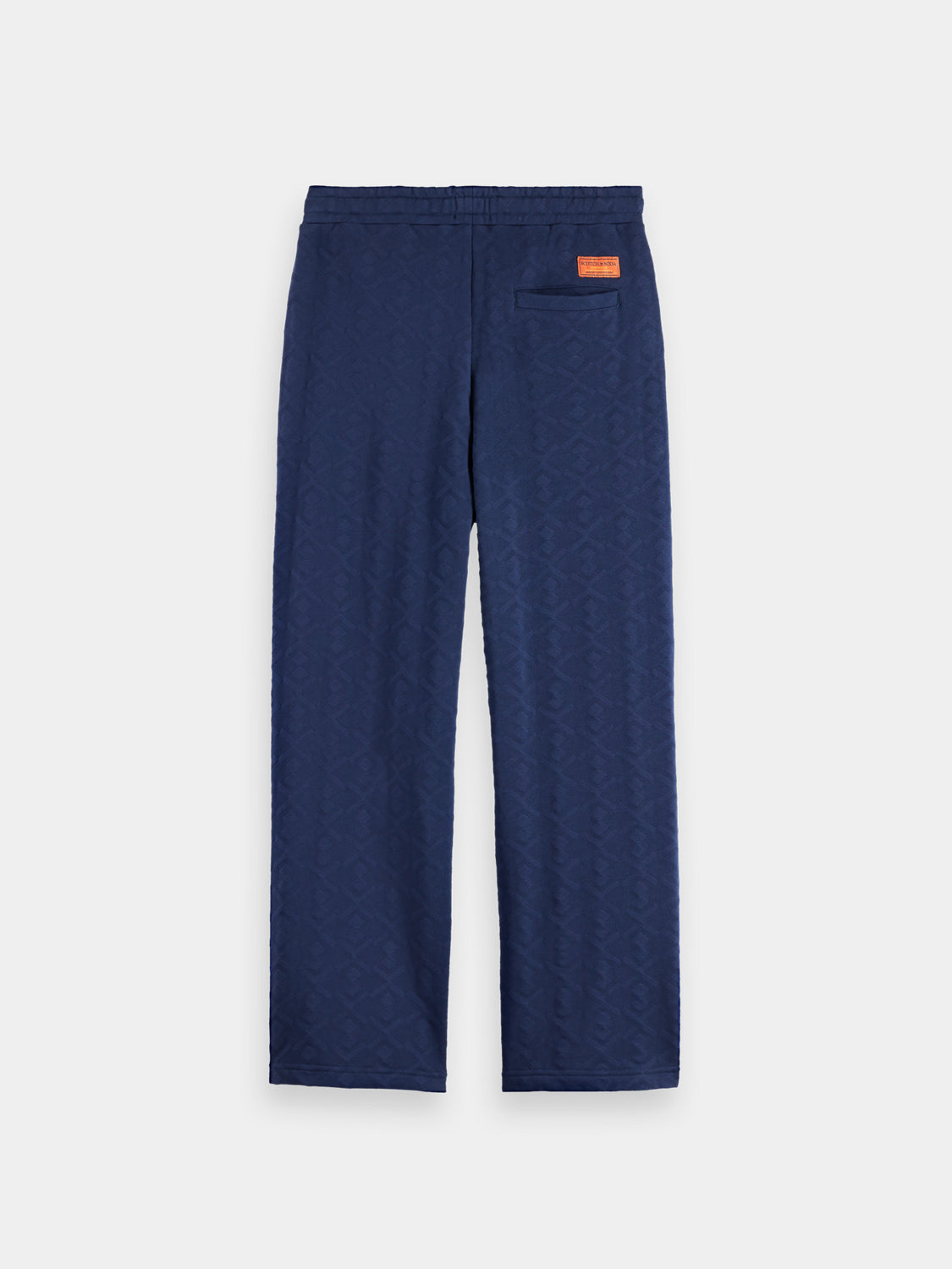 Black Scotch & Soda jacquard terry sweatpants with elastic waistband and relaxed fit, shown from the back.