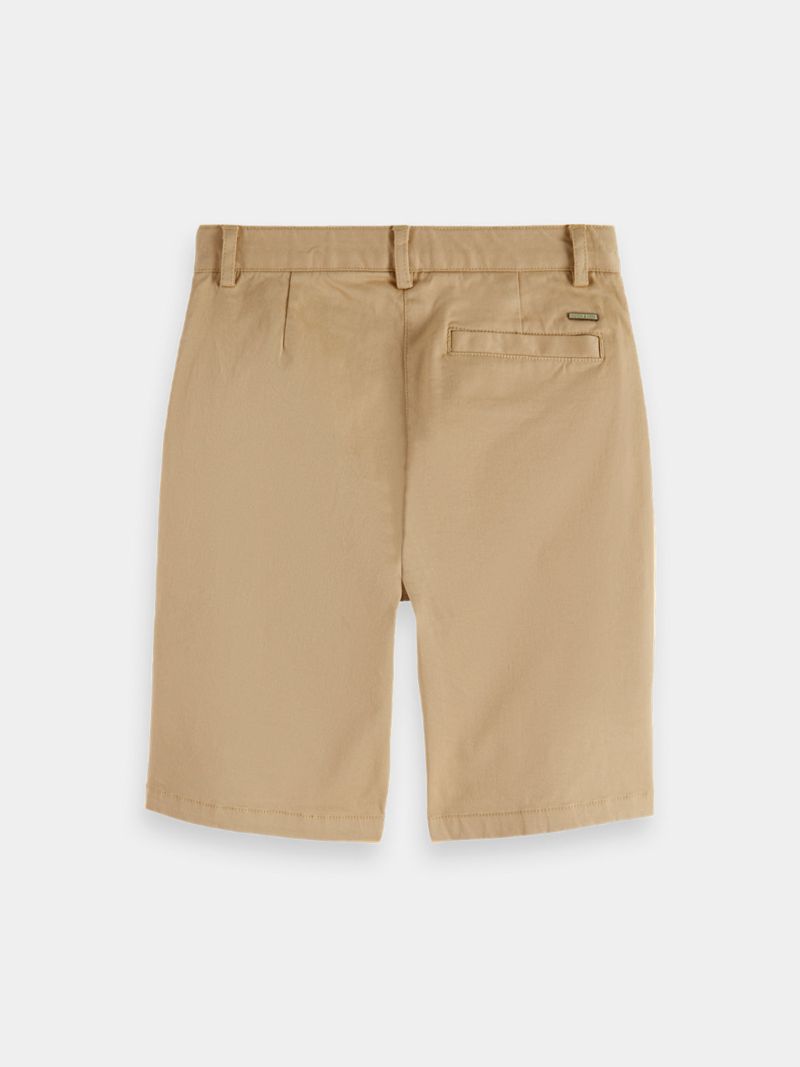Back view of kids' classic chino shorts by Scotch & Soda, showing beige cotton shorts with a relaxed fit and belt loops.