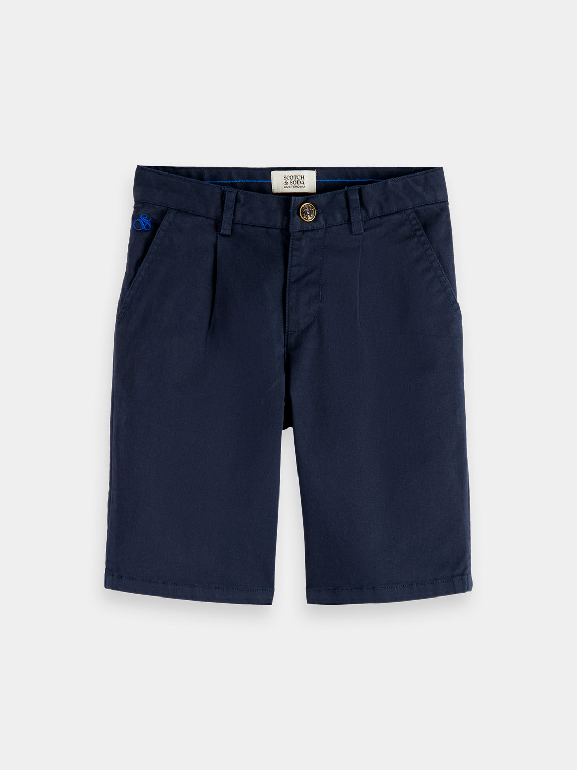 Kids' classic chino shorts by Scotch & Soda, navy blue shorts with a relaxed fit, front pockets, and belt loops.