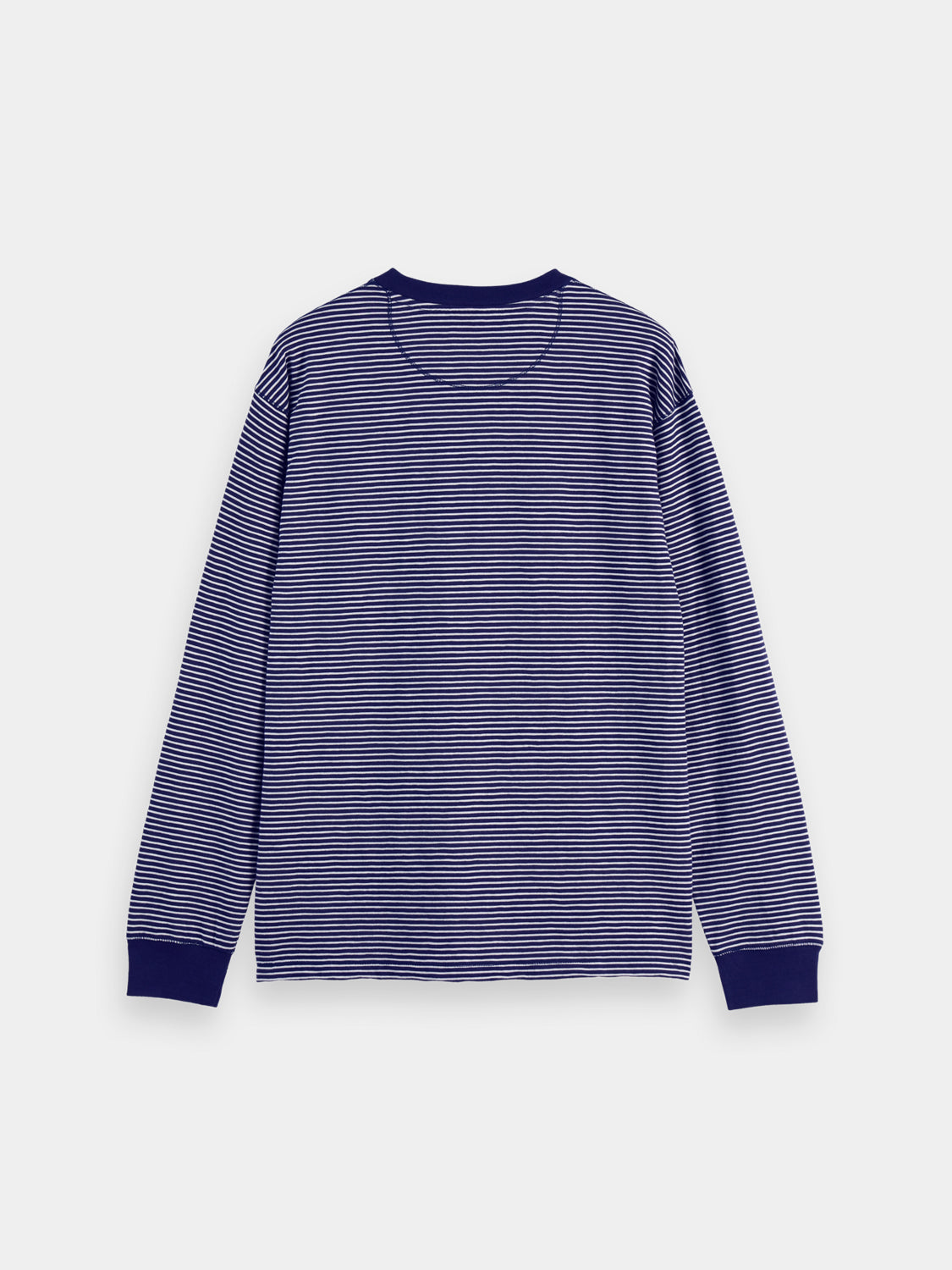 Long-sleeve striped Henley t-shirt by Scotch & Soda, featuring a buttoned neckline and casual fit, in black and white stripes.