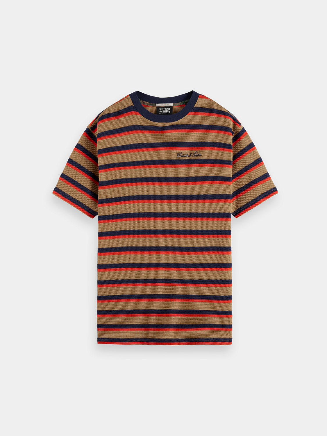 Short-sleeve waffle t-shirt by Scotch & Soda featuring a textured fabric and classic fit, shown in a front view.