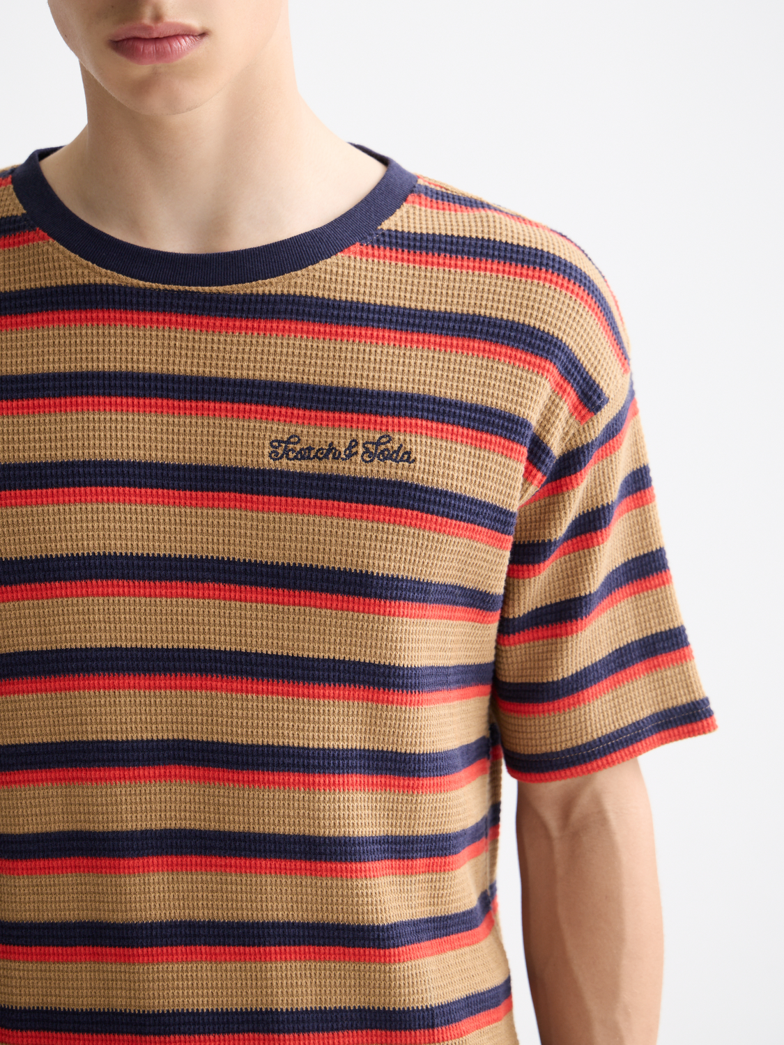 Scotch & Soda waffle short sleeve T-shirt featuring a textured fabric and casual fit, displayed on a neutral background.
