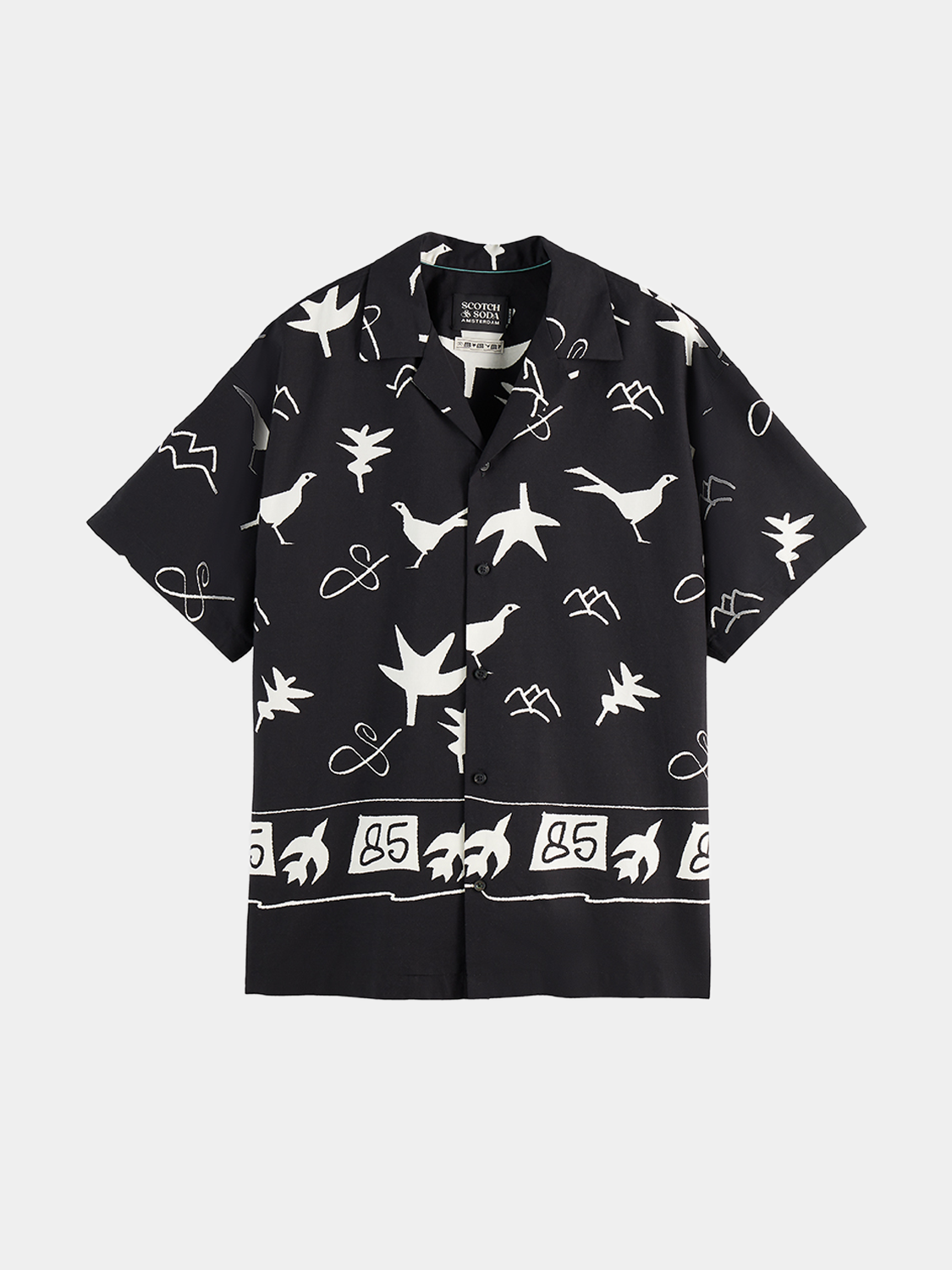 Short-sleeved SCOTCH & SODA shirt with a colorful patterned design, displayed flat on a white background.