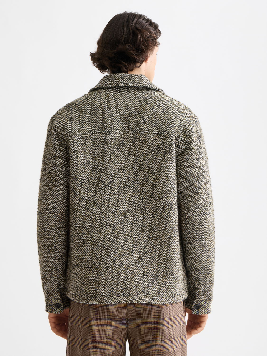 SCOTCH & SODA tweed jacket showing textured beige fabric, tailored fit with collar and button closure, styled on a hanger.