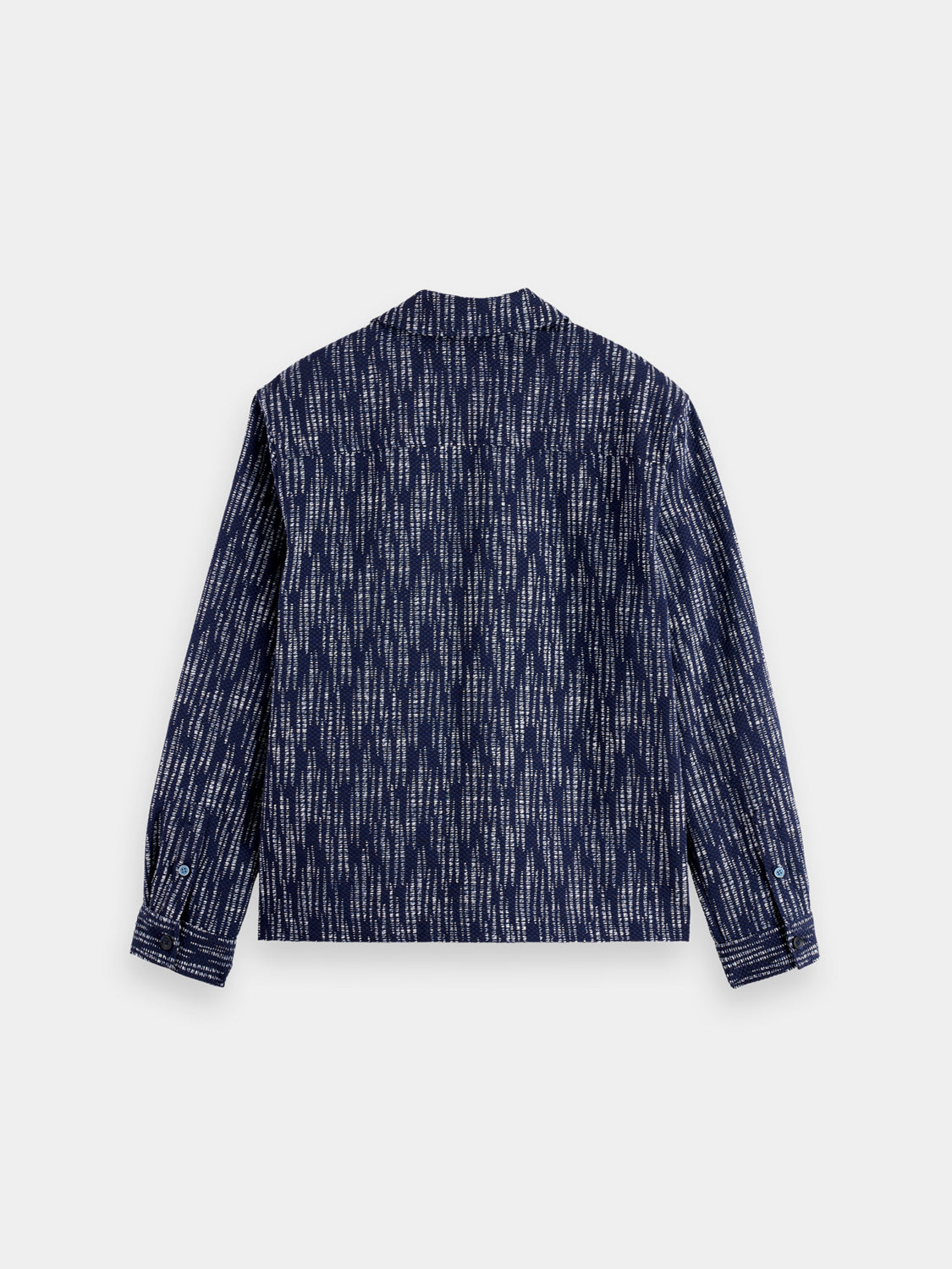 Black jacquard overshirt jacket by Scotch & Soda with intricate woven pattern, long sleeves, and button closure.