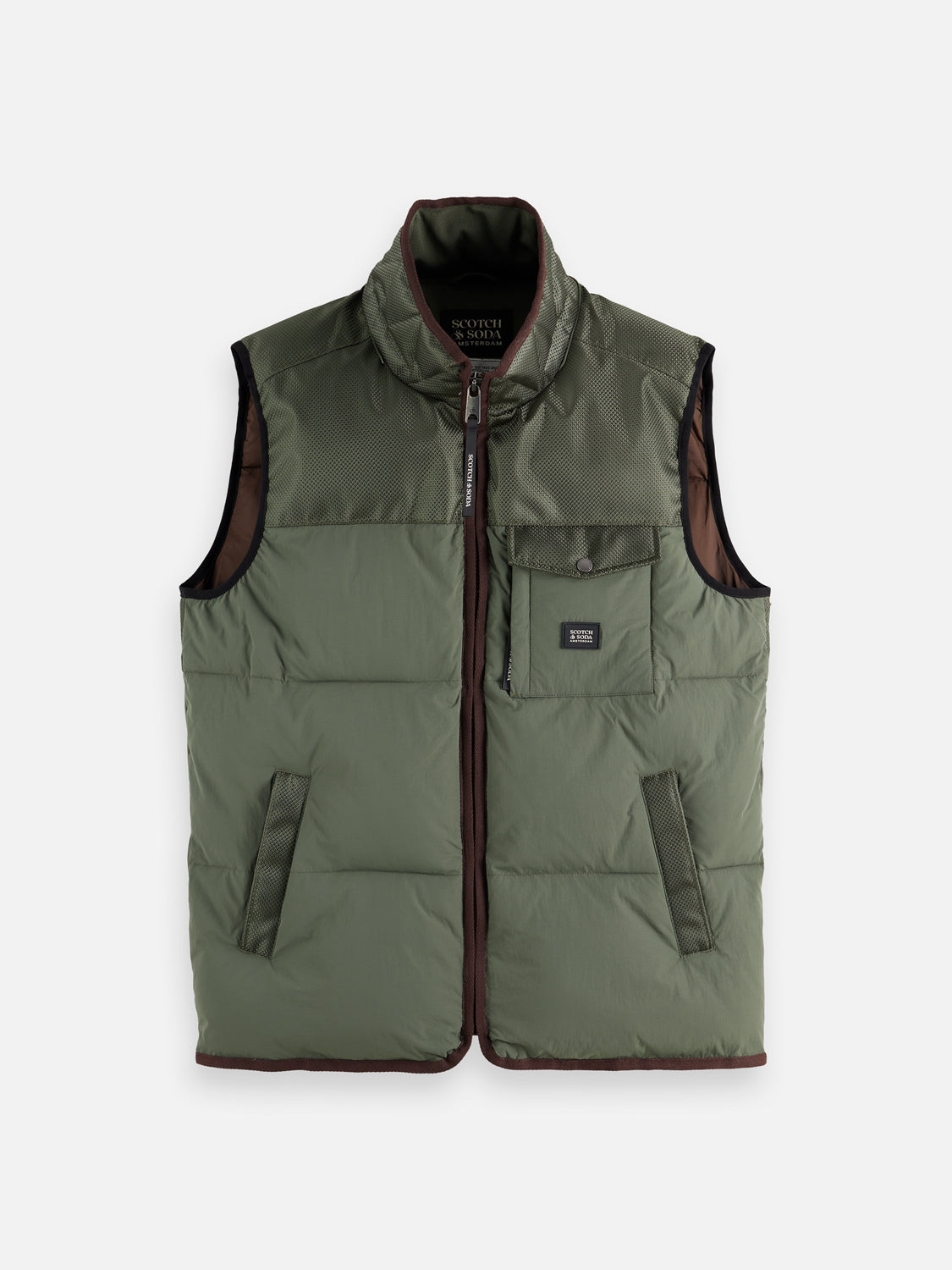 SCOTCH & SODA hooded puffer vest, a stylish bodywarmer with quilted design and adjustable hood, suitable for cold weather.
