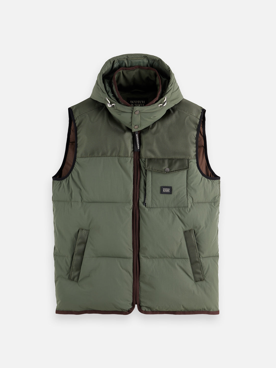 Black hooded puffer vest by Scotch & Soda, stylish bodywarmer with quilted design and front zipper, displayed on a mannequin.