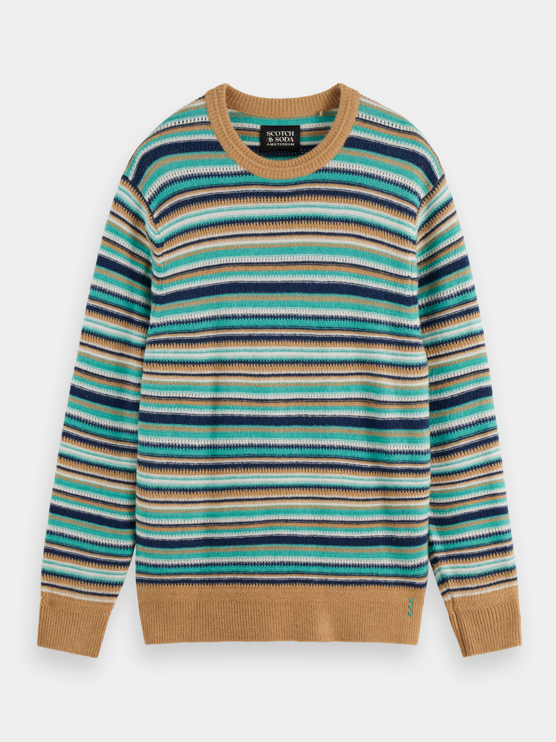 Striped knit pullover by SCOTCH & SODA featuring a classic pattern and comfortable fit, shown on a model.