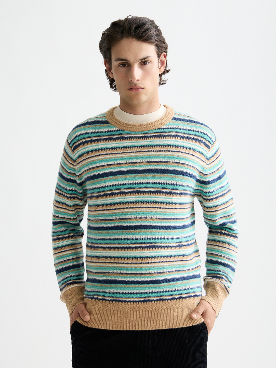 Striped SCOTCH & SODA knitwear pullover with a classic crew neck and bold horizontal stripes, showcased on a plain background.