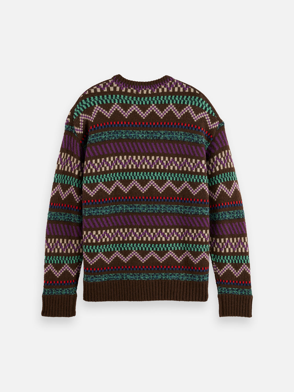 Scotch & Soda jacquard knitted pullover, close-up of navy knitwear with intricate patterns, showcasing cozy knitwear design.