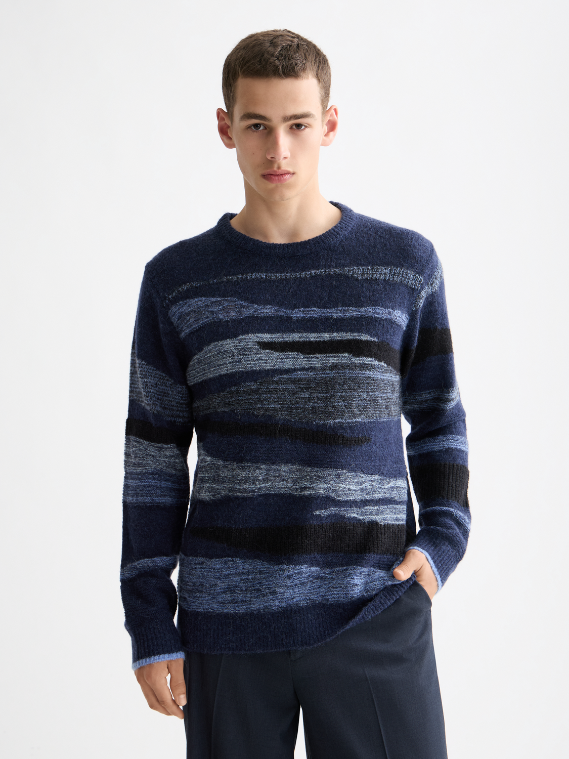 Light gray alpaca-wool-blend knit pullover from Scotch & Soda with a crew neckline and soft, textured fabric.