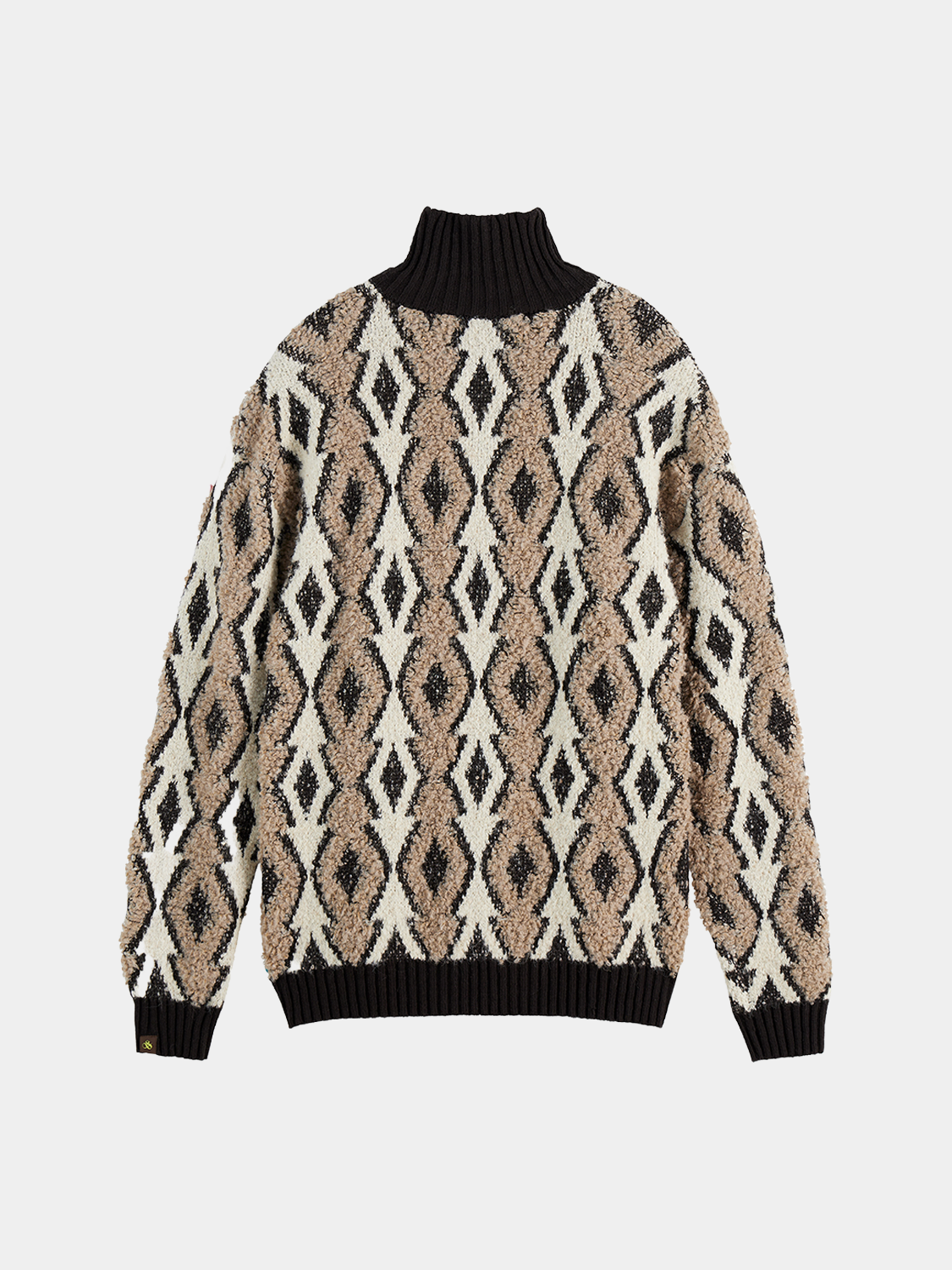 Dark blue Scotch & SODA jacquard knit pullover with intricate pattern, long sleeves, and ribbed cuffs and hem.