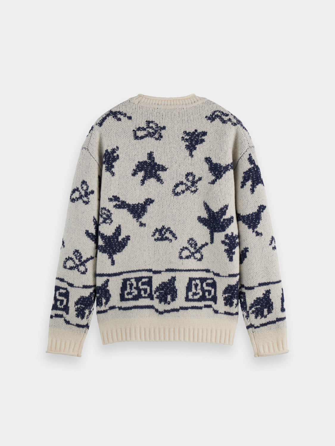 Scotch & Soda Jacquard knitwear pullover featuring intricate woven patterns and a cozy fit, shown in a back view.