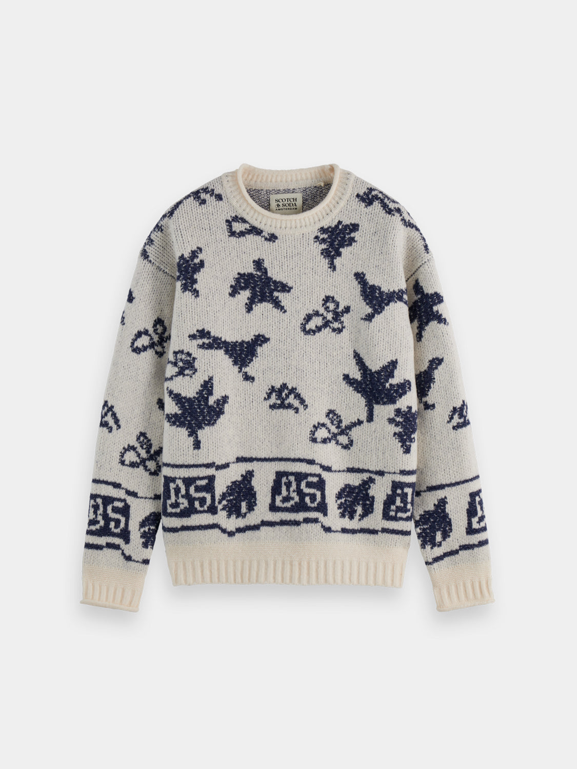 SCOTCH & SODA jacquard knitwear pullover featuring a detailed woven pattern, long sleeves, and a classic crew neckline.