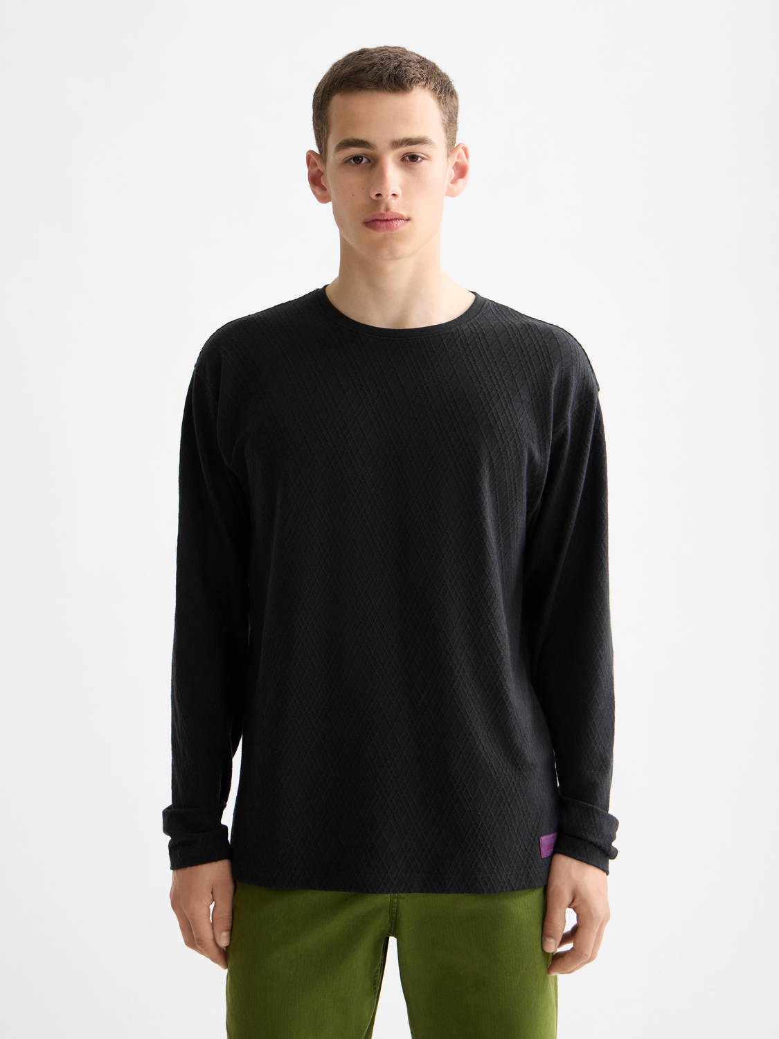 Scotch & Soda jacquard long-sleeved T-shirt featuring intricate woven pattern and classic fit, front view.