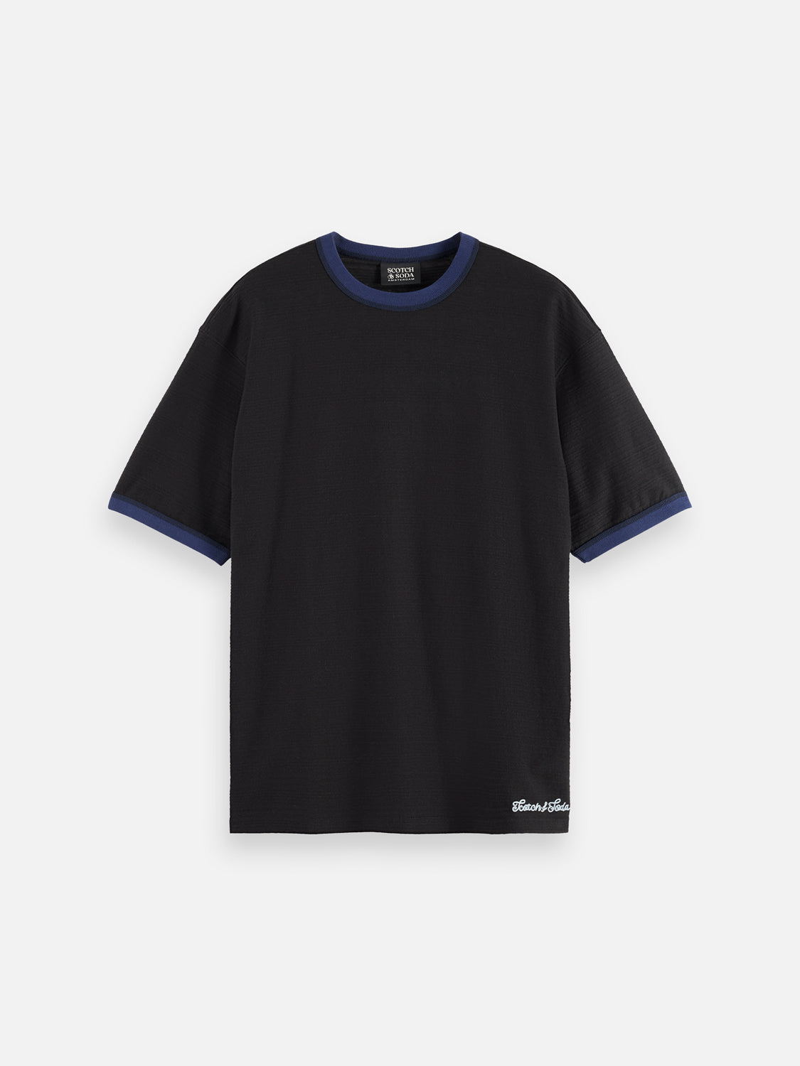 Light blue Scotch & Soda short sleeve t-shirt with a bound neckline, casual fit, and soft cotton fabric.