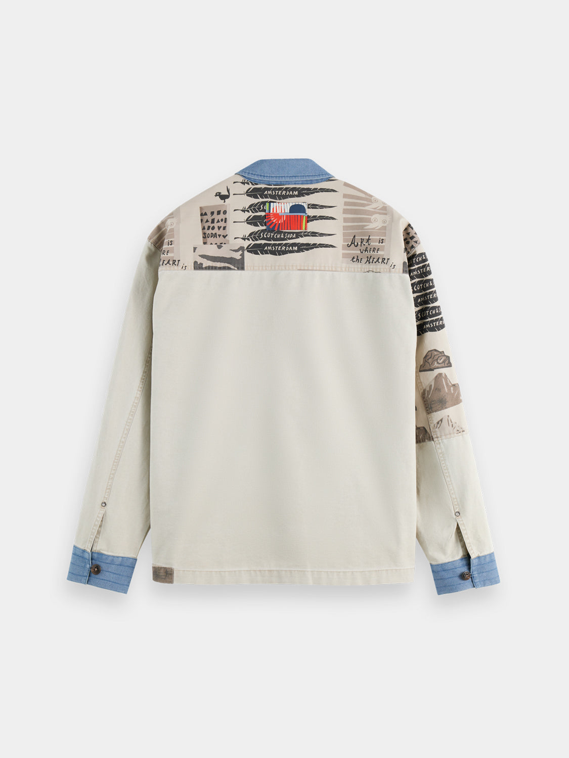 Printed worker jacket by Scotch & Soda, casual jacket with bold design, front zipper, and multiple pockets.