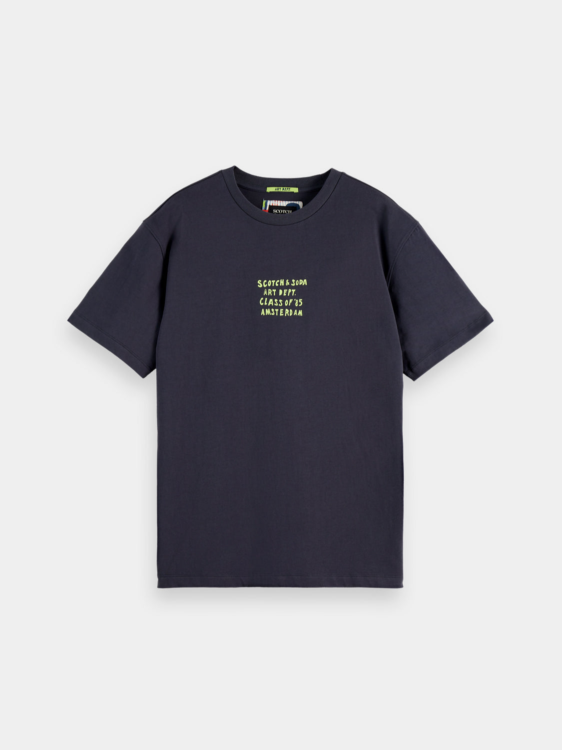 Scotch & Soda short-sleeve artwork t-shirt with vibrant graphic design on soft fabric, casual streetwear style.