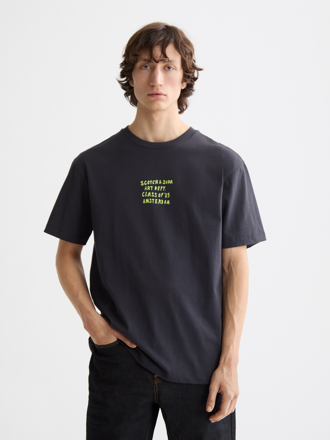 Short sleeve Scotch & Soda artwork T-shirt with graphic print on the front, casual style, bright colors, and soft fabric.