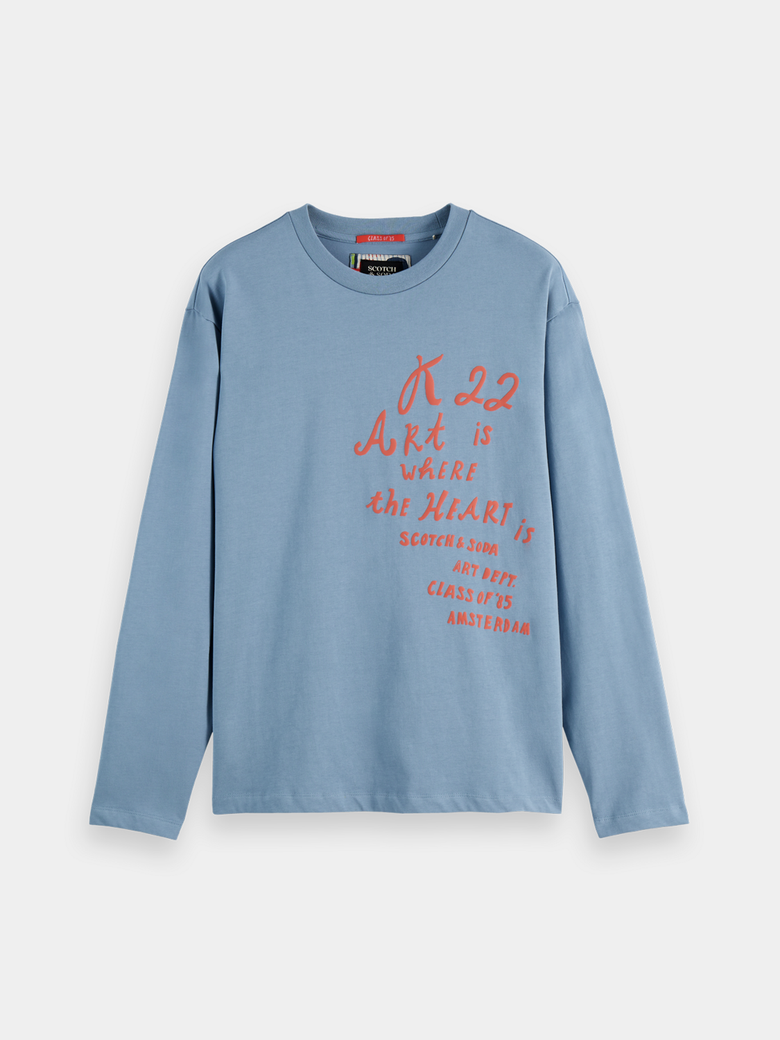 Long-sleeved Scotch & Soda artwork T-shirt with vibrant graphic design and comfortable fit, shown on a plain background.