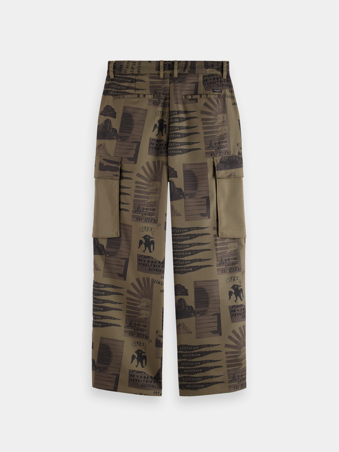 Back view of Scotch & Soda printed cargo pants showing detailed pockets and vibrant pattern on casual pants.