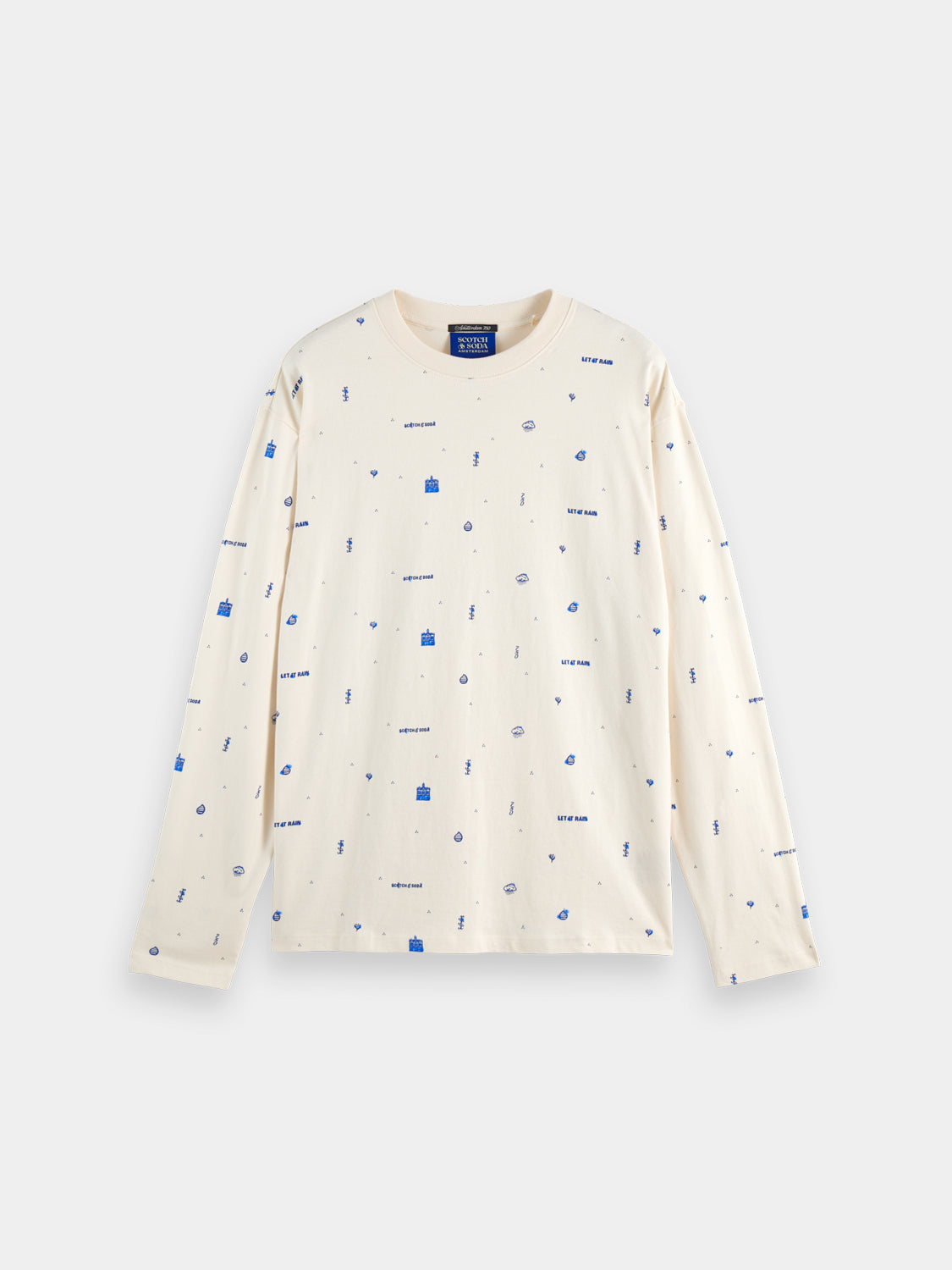 Printed long-sleeved Scotch & Soda T-shirt with colorful graphic design on the front, casual fit, and ribbed cuffs.