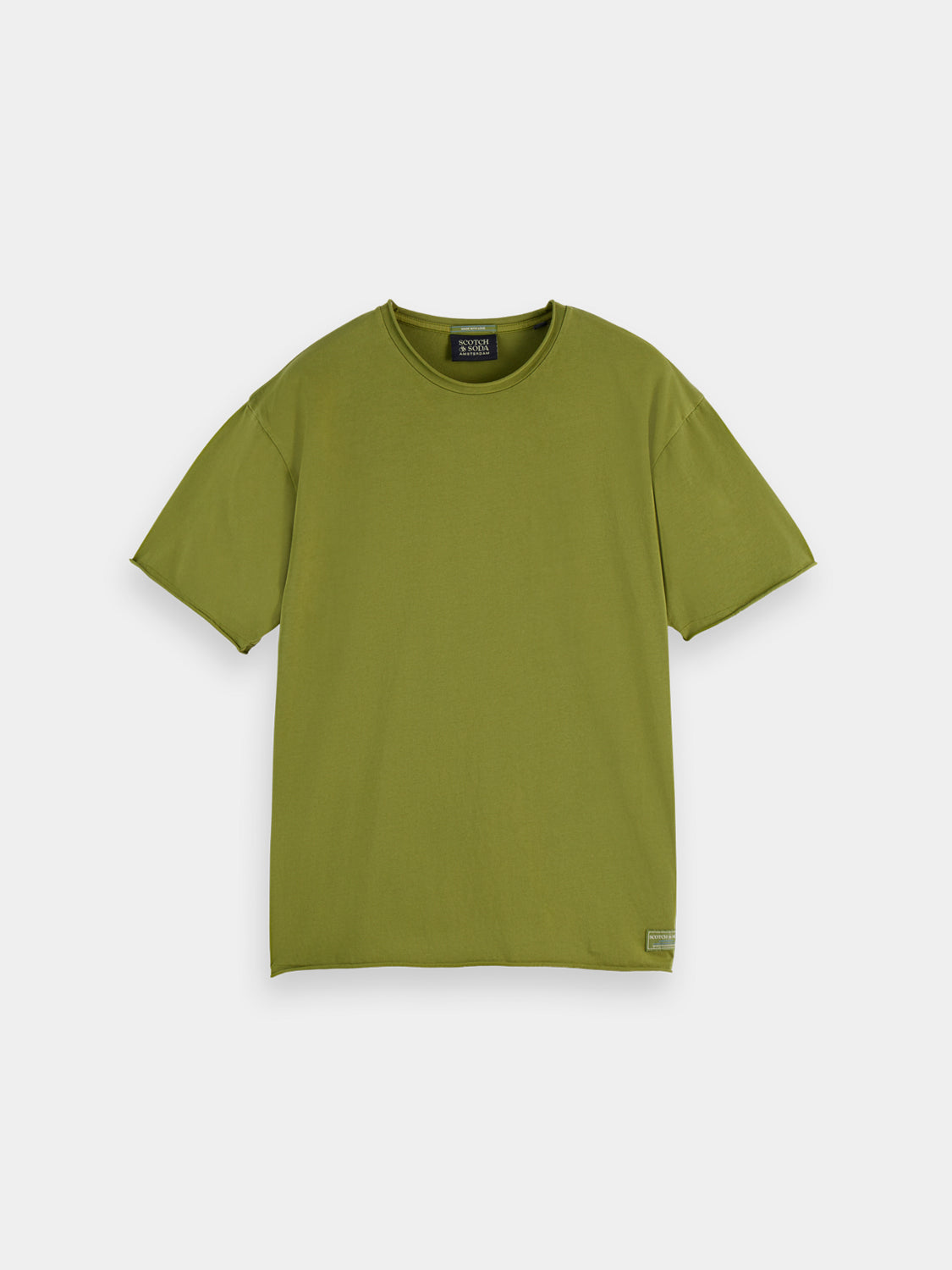 Raw edge white short-sleeve T-shirt by Scotch & Soda, casual fit with distressed hem detail.