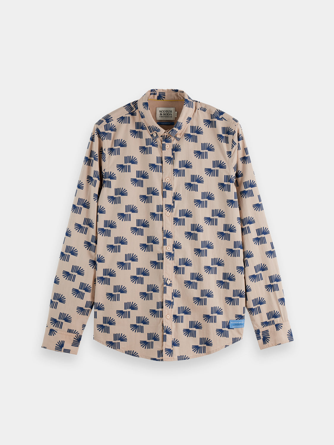 Long-sleeve printed shirt by Scotch & Soda, featuring a stylish pattern and classic fit, displayed on a neutral background.