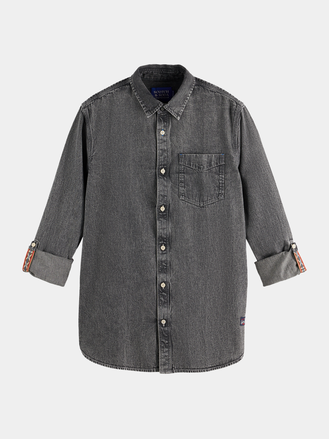Long sleeve washed shirt by Scotch & Soda, showing the soft fabric, button-up front, and casual fit on a hanger.