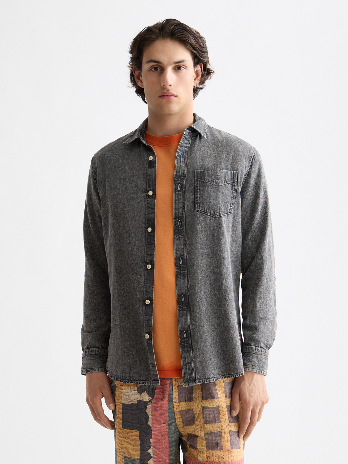 Long sleeve washed shirt from Scotch & Soda, showing soft fabric, button front, and casual fit in natural light.