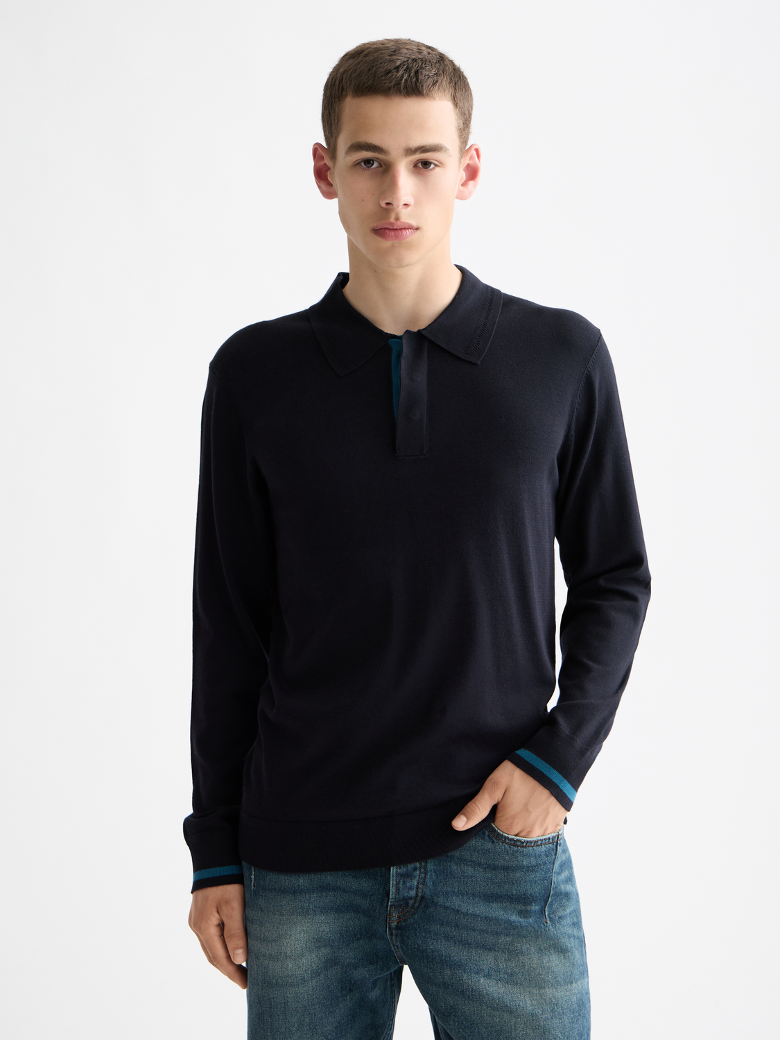 Scarlet knitted long-sleeved polo shirt by Scotch & Soda, featuring a classic collar and textured fabric detail.