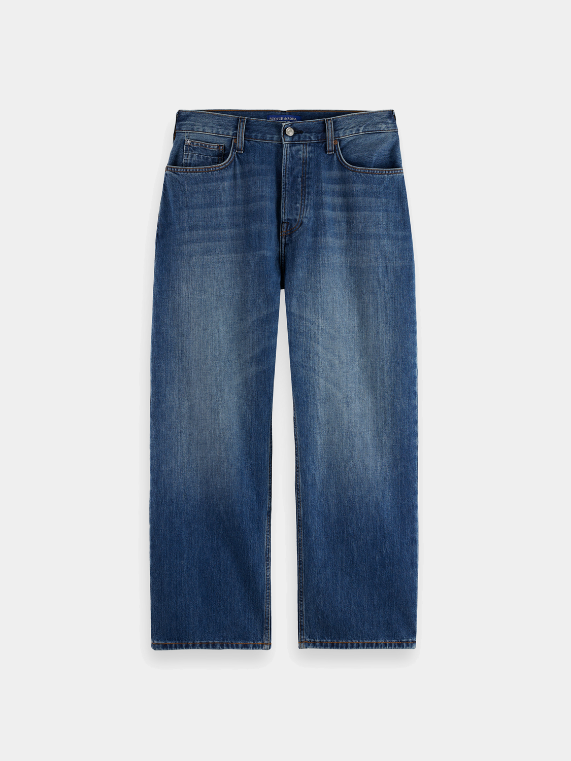 Scotch & Soda pitch loose-fit denim jeans with a relaxed style, featuring classic five-pocket design and faded wash.