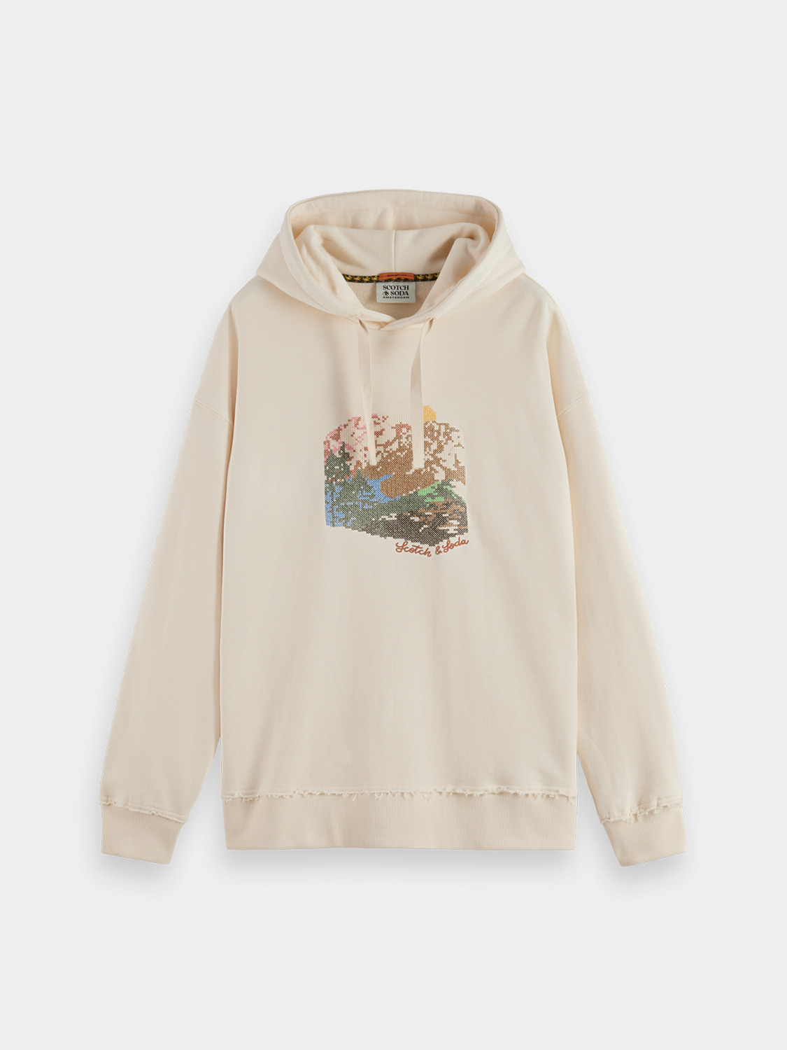 SCOTCH & SODA artwork hoodie, stylish sweatshirt with artistic print, casual fit, front view showing detailed design.