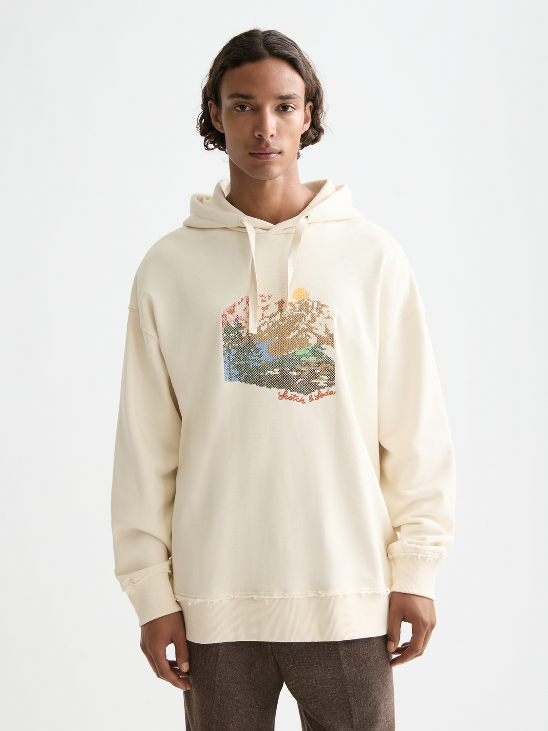 SCOTCH & SODA artwork hoodie, stylish casual sweats with vibrant graphic design, front view showing detailed print.
