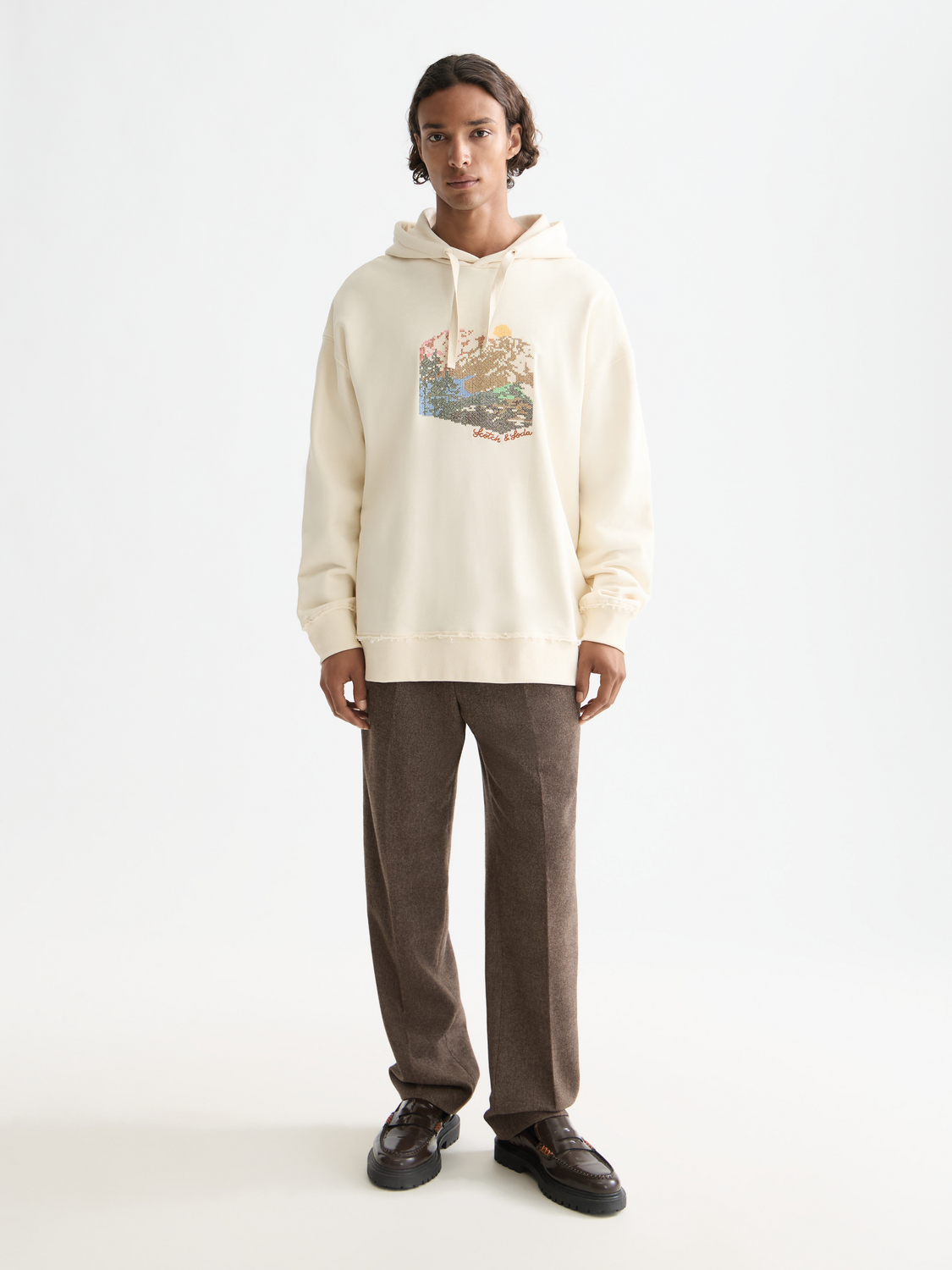 Scotch & Soda artwork hoodie, stylish sweatshirt with graphic design, casual fit, front view showcasing vibrant print.